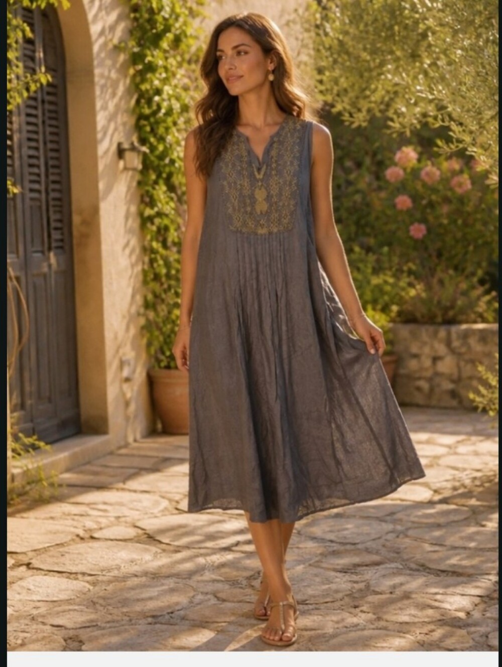 raya sun Sleeveless Embroidered Midi Dress in Slate Gray and Gold